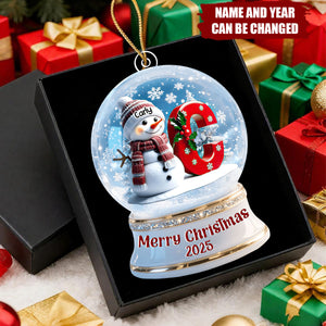 Personalized Snowman Initial Snow Globe Ornament – Custom Name & Year Christmas Gift