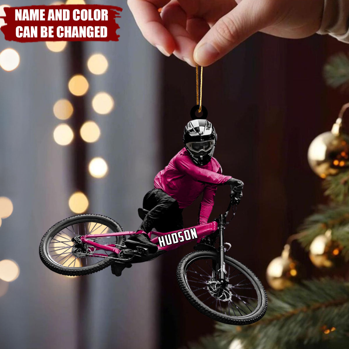 Personalized Mountain Biker Christmas Ornament – Custom Name & Color MTB Rider Gift