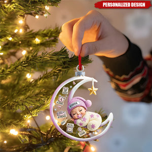 Custom Baby Sleeping on Moon Christmas Ornament – Name & Birth Details