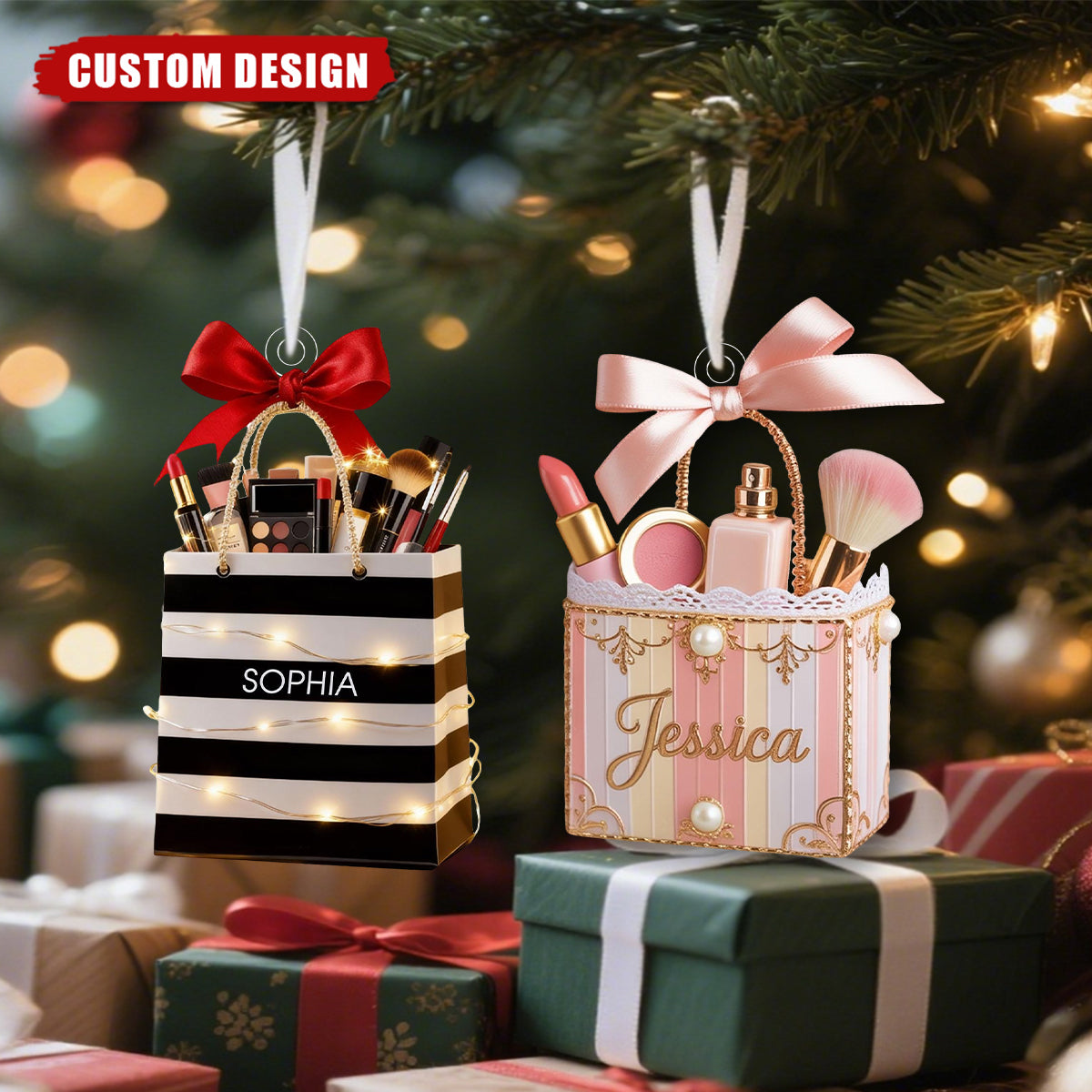 Personalized Makeup Bag Christmas Ornament – Custom Name Beauty Lover Gift