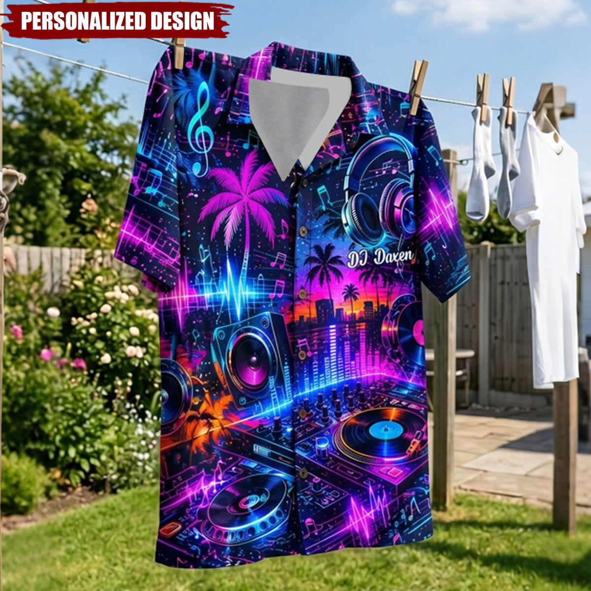 Personalized Neon DJ Turntable Tropical Hawaiian Shirt - Custom DJ Name