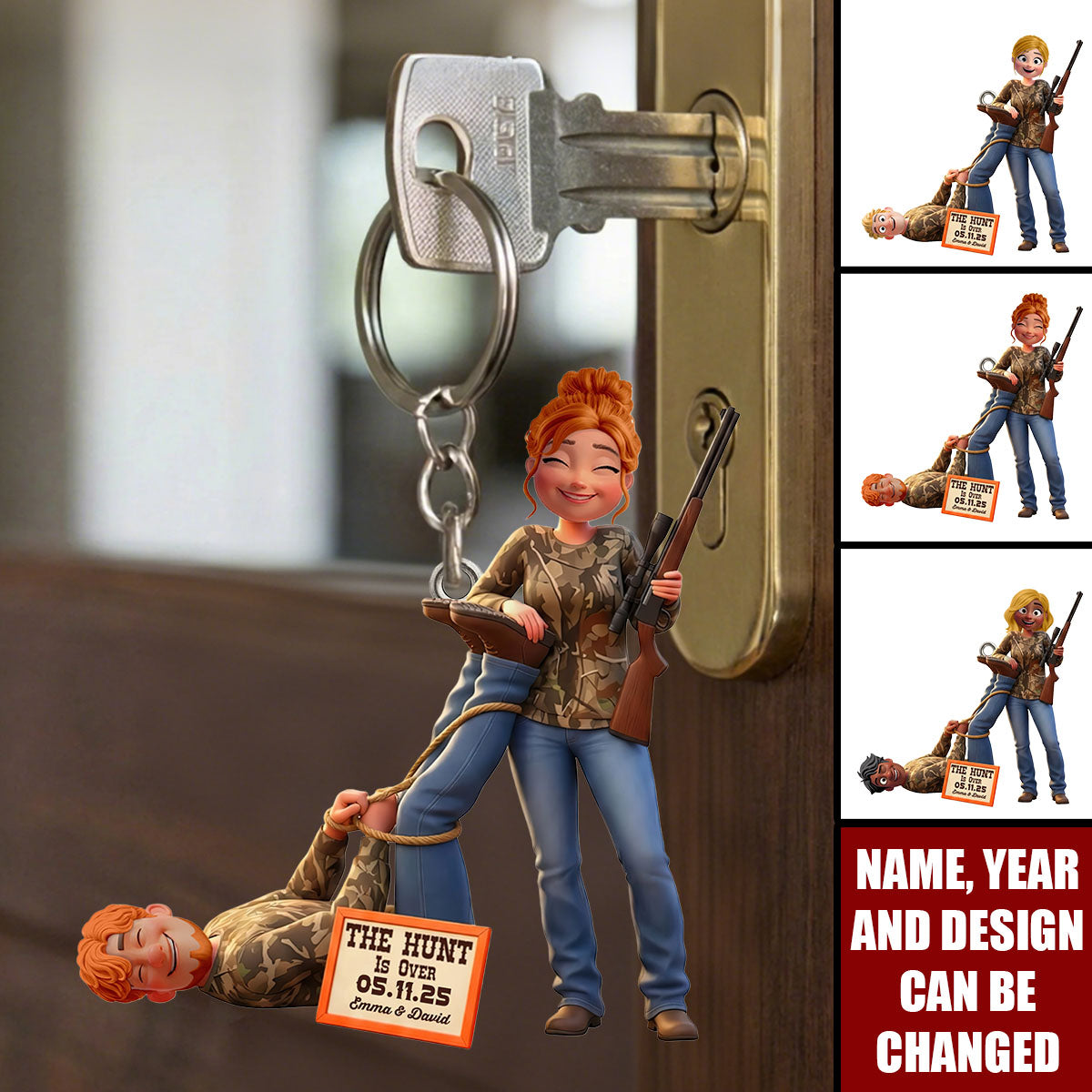 Personalized Couple Hunting Keychain – Custom Name & Date Funny Engagement Gift