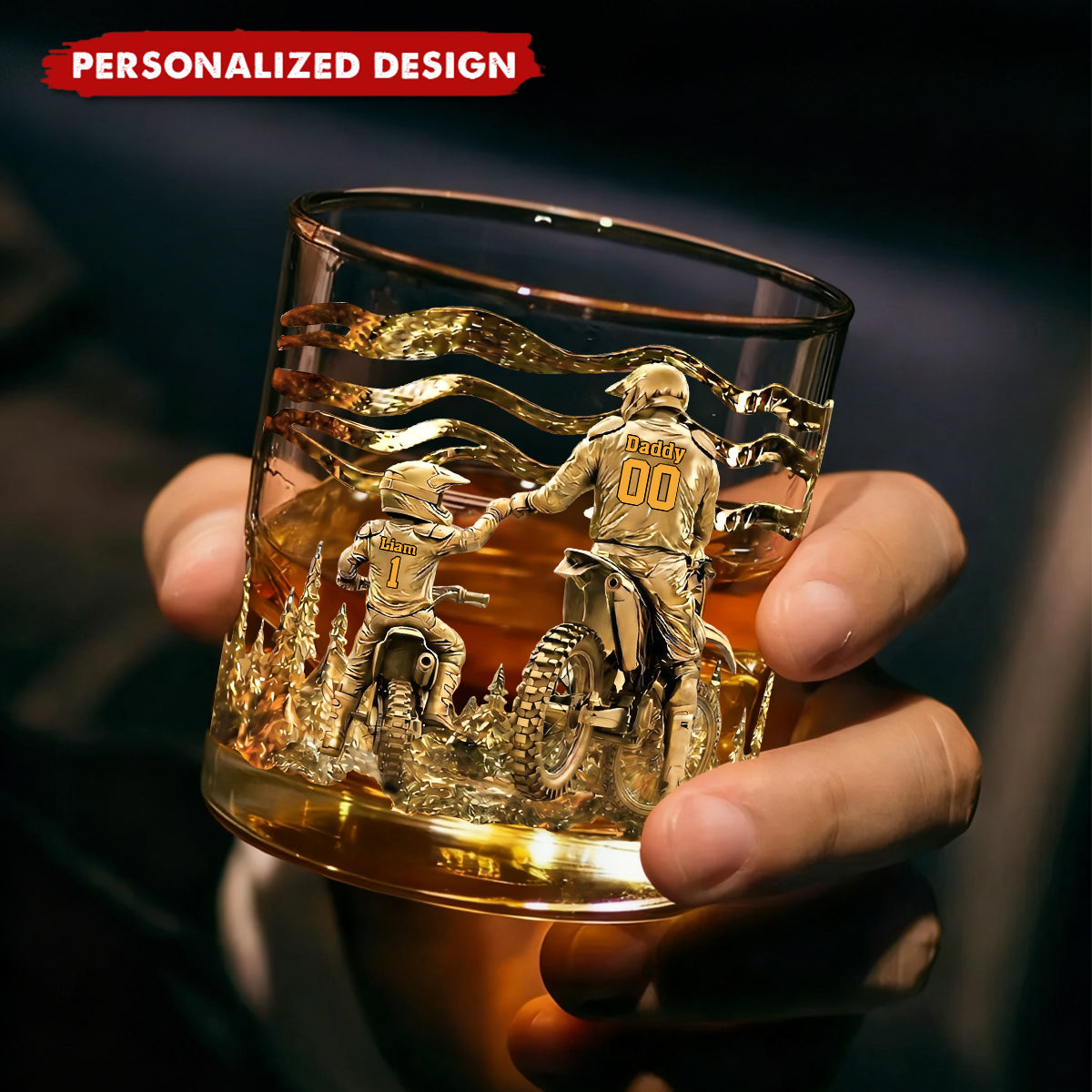 Personalized Dirt Bike Father & Child Whiskey Glass - Custom Names & Numbers