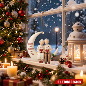 Personalized “Growing Old Together” Elderly Couple Moon Ornament – Custom Names & Anniversary Year