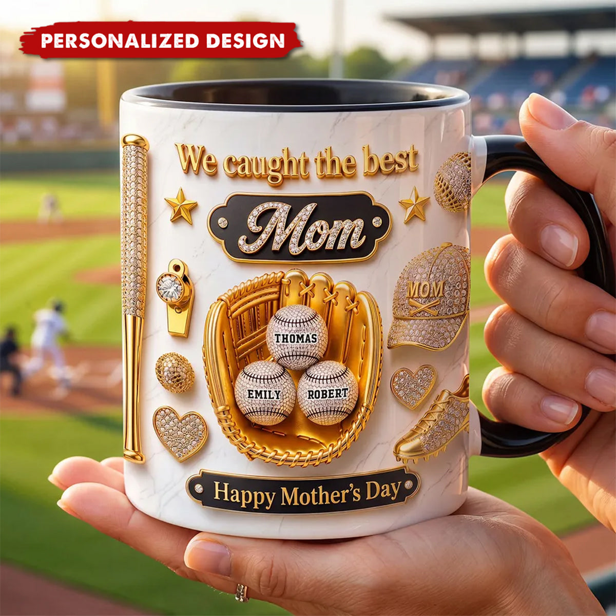Personalized Baseball We Caught The Best Mom Mug - Custom Kids Names Mother's Day Gift