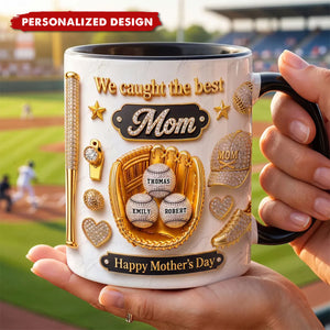 Personalized Baseball We Caught The Best Mom Mug - Custom Kids Names Mother's Day Gift