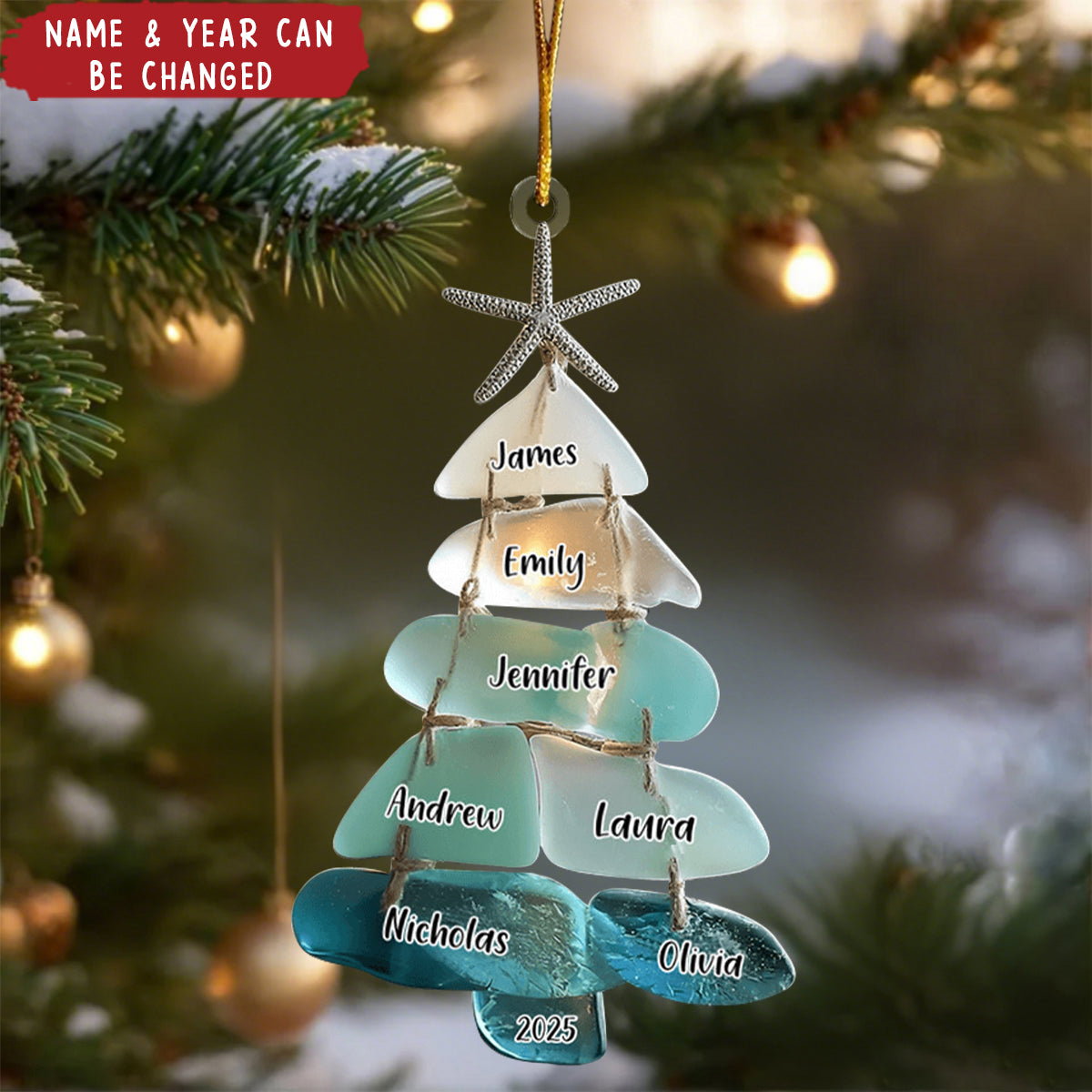 Personalized Sea Glass Family Ornament - Custom Names & Year