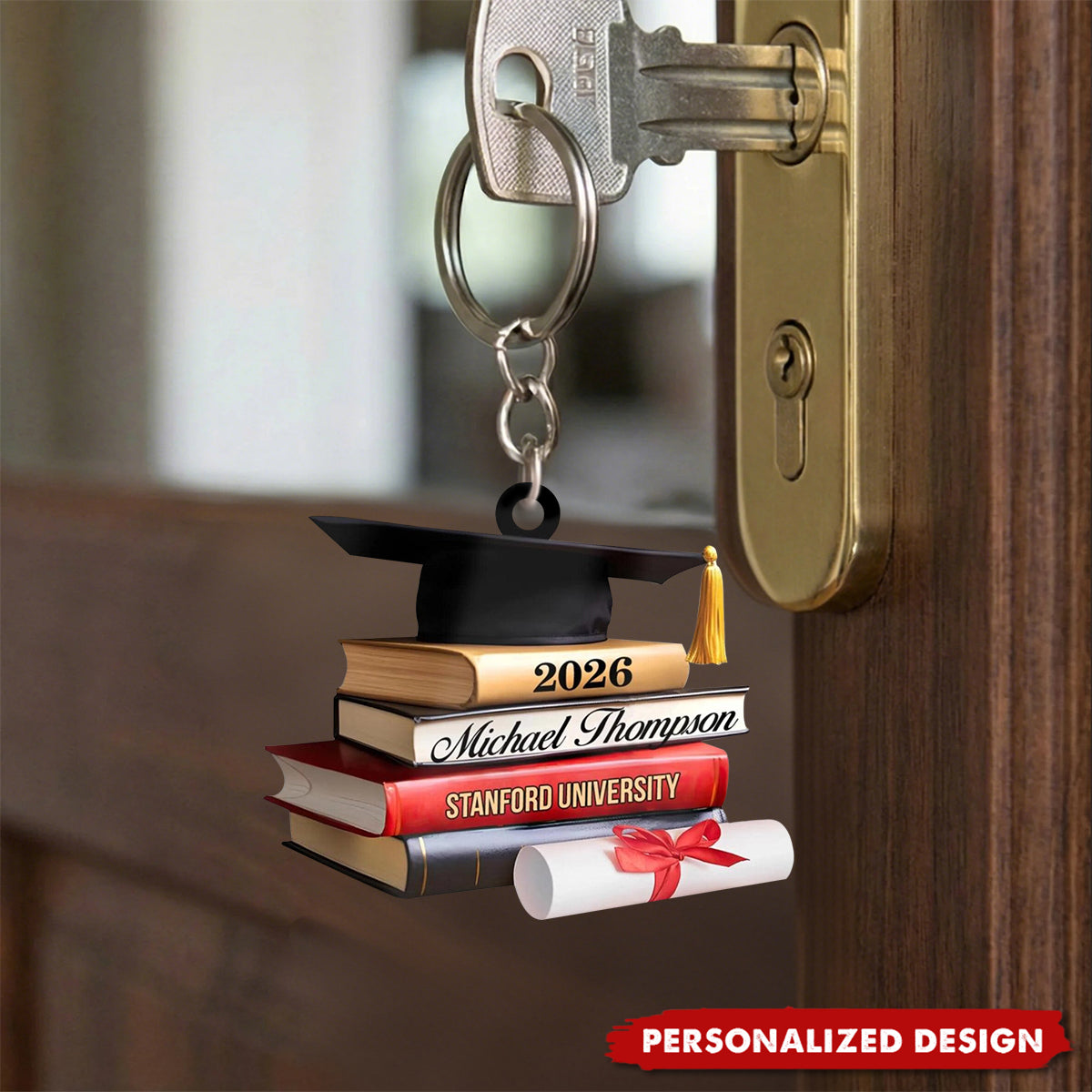 Personalized Cap With Book Graduation Keychain - Custom Name & University Keepsake