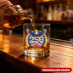 Personalized 250th Anniversary American Eagle Whiskey Glass – Custom Name Patriotic Gift