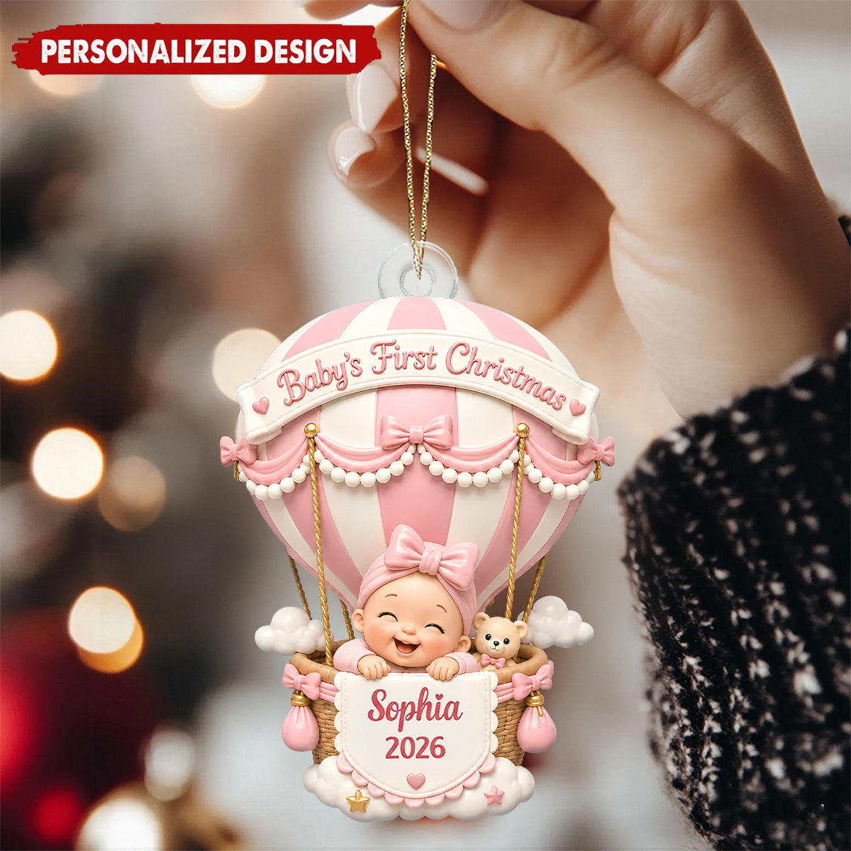 Personalized Baby’s First Christmas Hot Air Balloon Acrylic Ornament- Custom Baby Name & Year