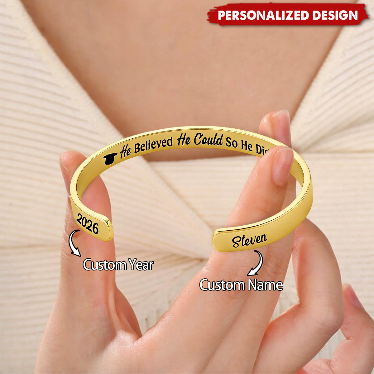 She Believed She Could So She Did -  Personalized Graduation Cuff Bracelet