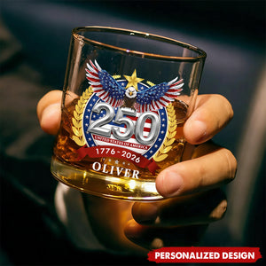Personalized 250th Anniversary American Eagle Whiskey Glass – Custom Name Patriotic Gift