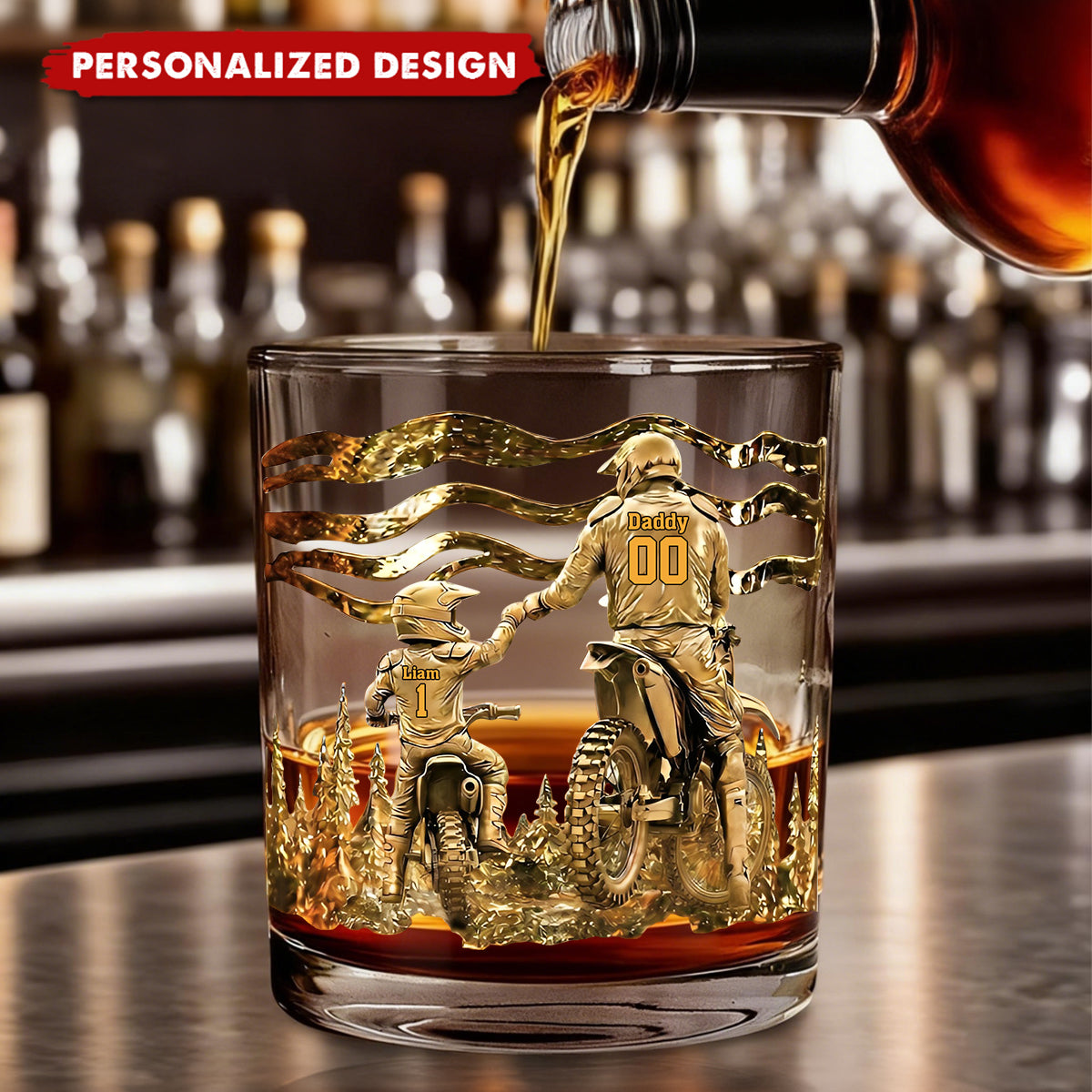 Personalized Dirt Bike Father & Child Whiskey Glass - Custom Names & Numbers