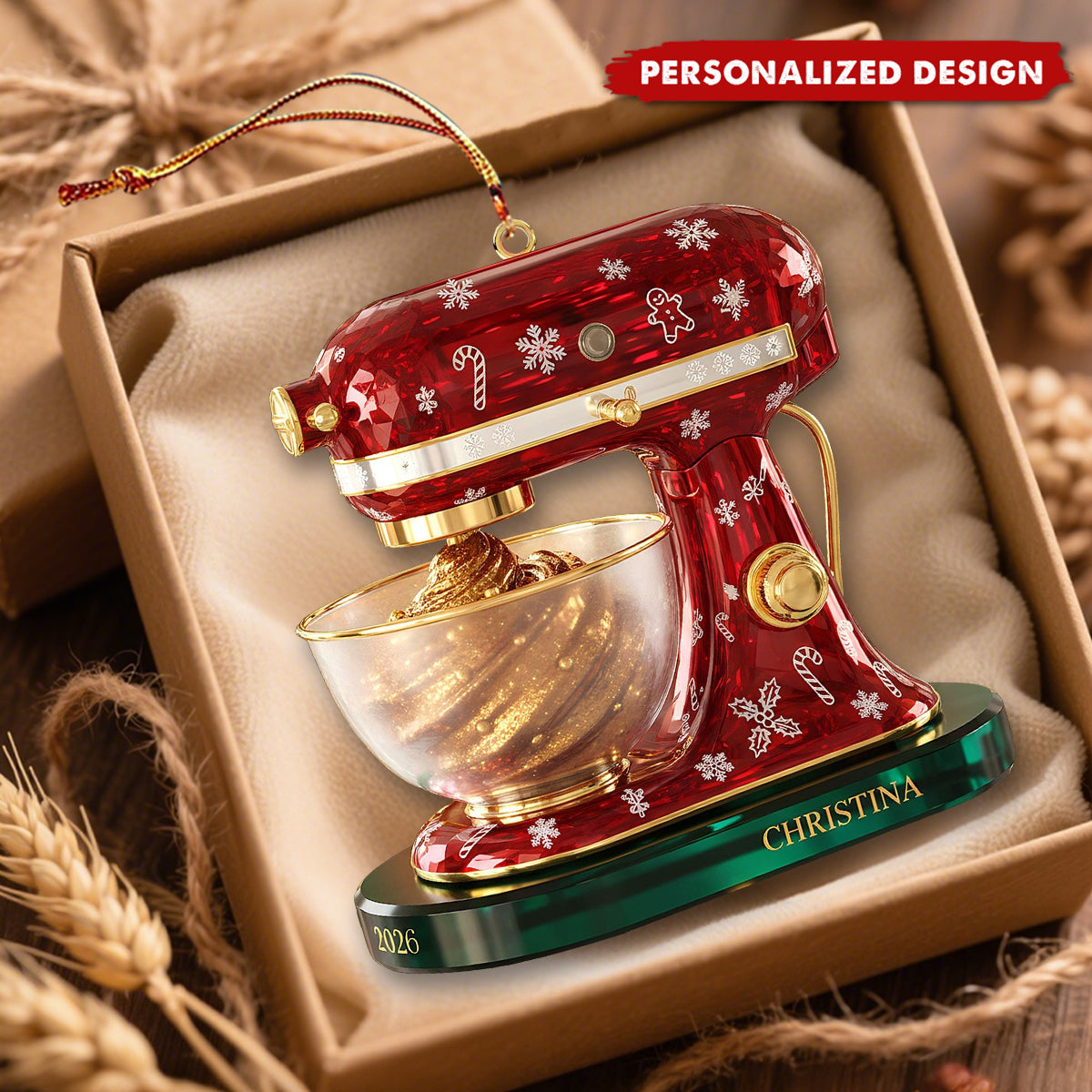 Personalized Red Christmas Stand Mixer Flat Acrylic Ornament - Custom Name & Year