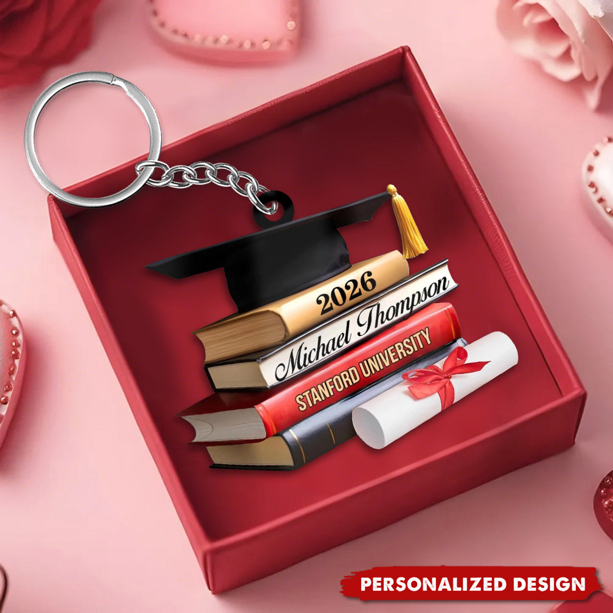Personalized Cap With Book Graduation Keychain - Custom Name & University Keepsake