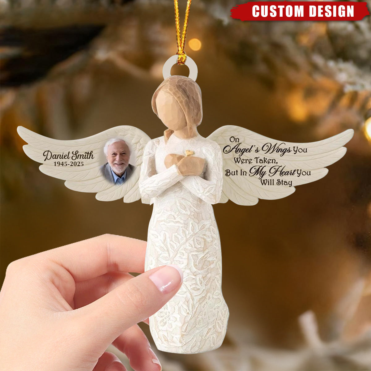 Custom Angel Memorial Ornament – “On Angel’s Wings” Personalized Photo Tribute