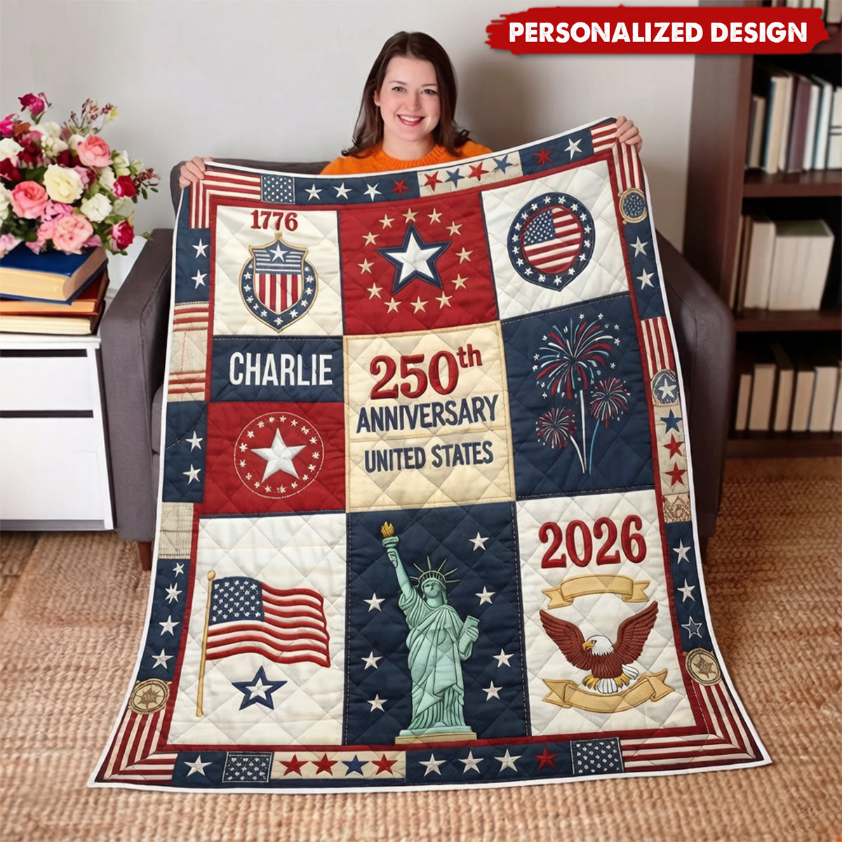 Personalized US 250th Anniversary Blanket -  Custom Name USA Independence Gift