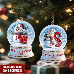 Personalized Snowman Initial Snow Globe Ornament – Custom Name & Year Christmas Gift