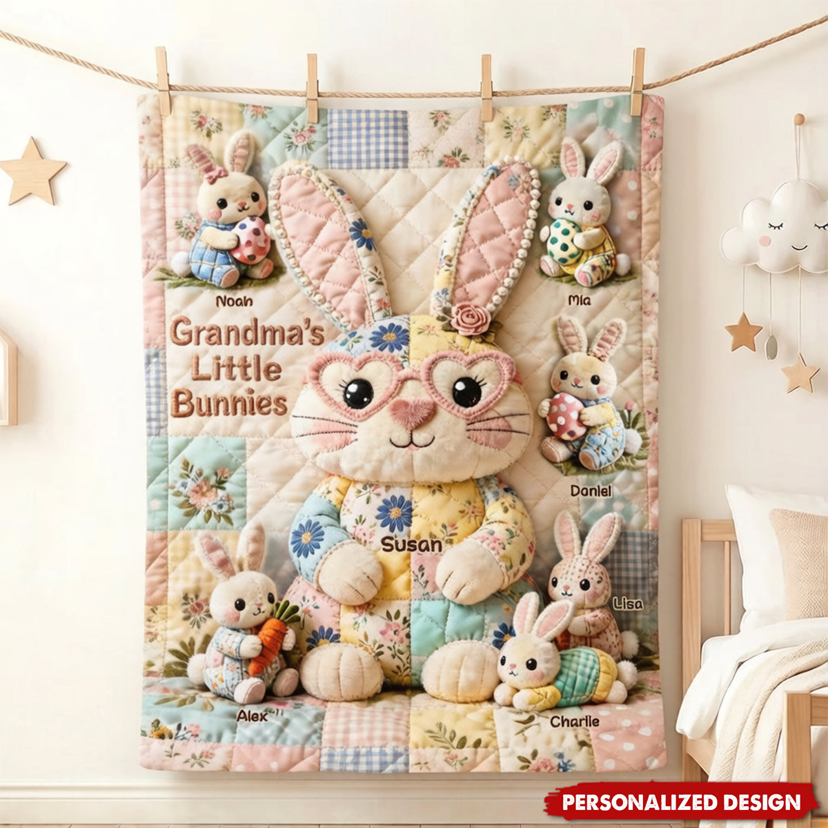 Personalized Grandma's Little Bunnies Blanket - Custom Grandkid Names Easter Bunny Blanket