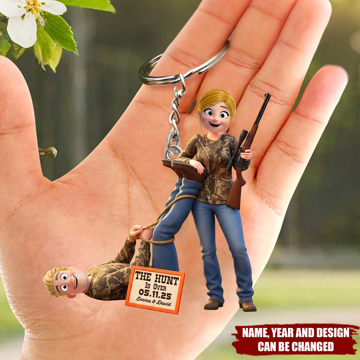 Personalized Couple Hunting Keychain – Custom Name & Date Funny Engagement Gift