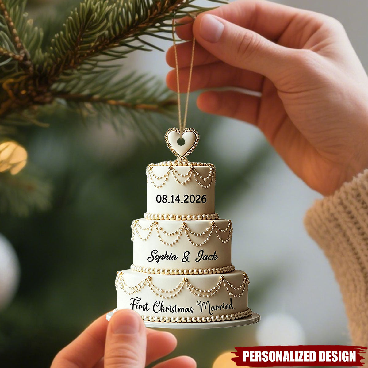 Personalized Luxury Pearl Wedding Cake Christmas Ornament - Custom Date and Name