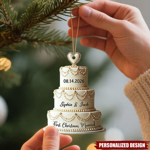 Personalized Luxury Pearl Wedding Cake Christmas Ornament - Custom Date and Name