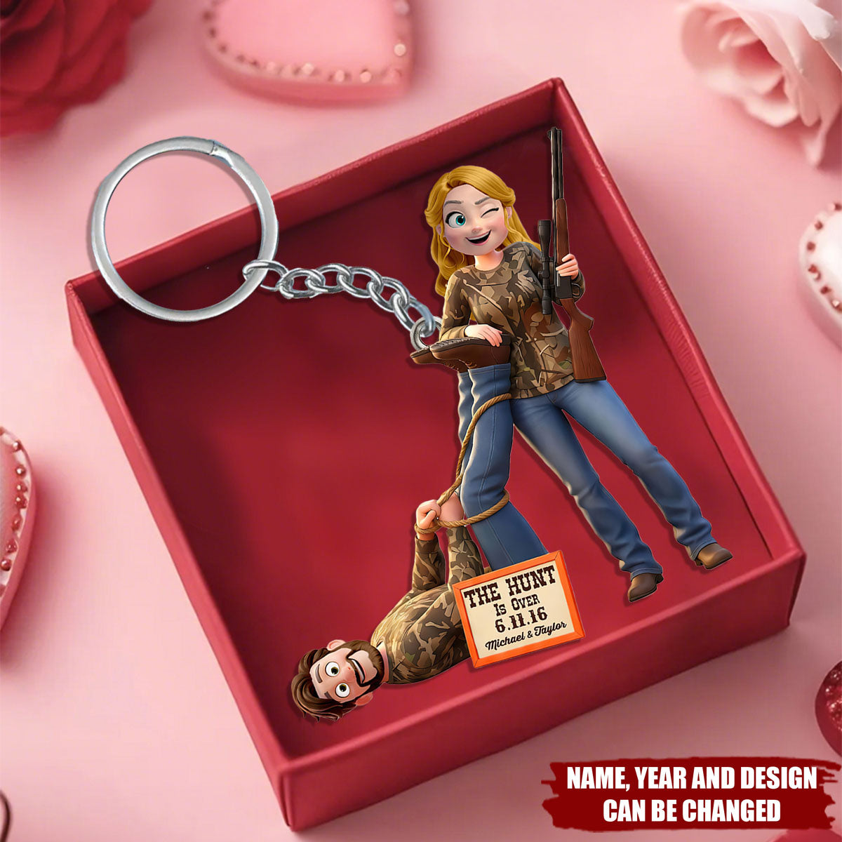 Personalized Couple Hunting Keychain – Custom Name & Date Funny Engagement Gift