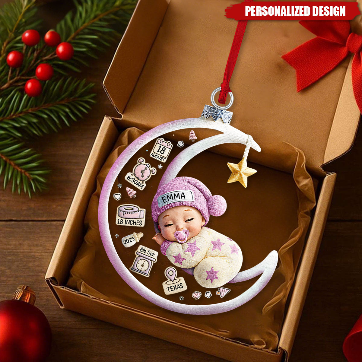Custom Baby Sleeping on Moon Christmas Ornament – Name & Birth Details
