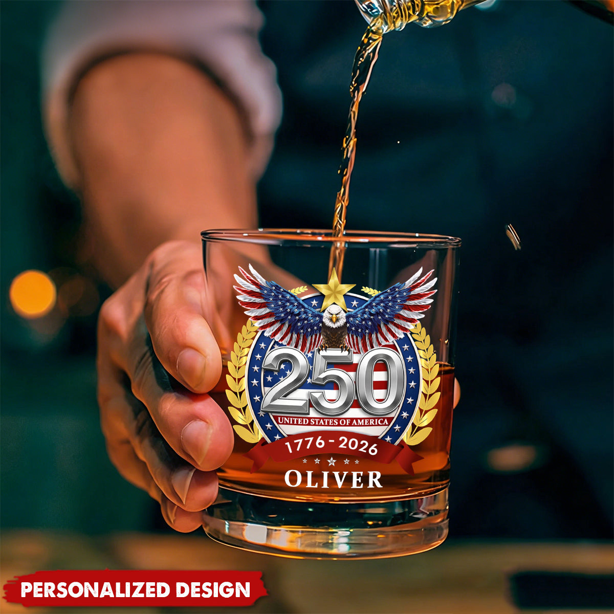 Personalized 250th Anniversary American Eagle Whiskey Glass – Custom Name Patriotic Gift