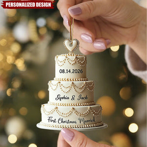 Personalized Luxury Pearl Wedding Cake Christmas Ornament - Custom Date and Name