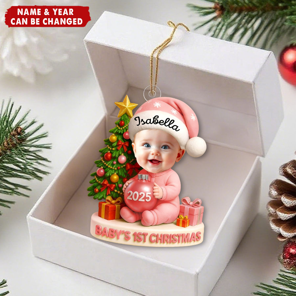 Baby’s First Christmas Ornament 2025 – Custom Face & Name Keepsake