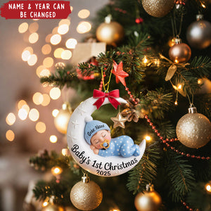 Personalized Baby’s 1st Christmas Moon Ornament – Custom Name & Year