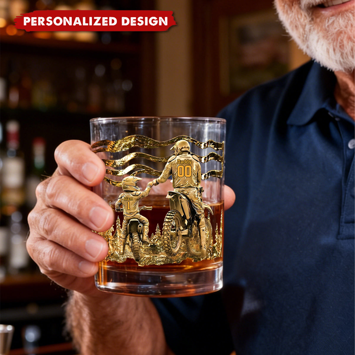 Personalized Dirt Bike Father & Child Whiskey Glass - Custom Names & Numbers