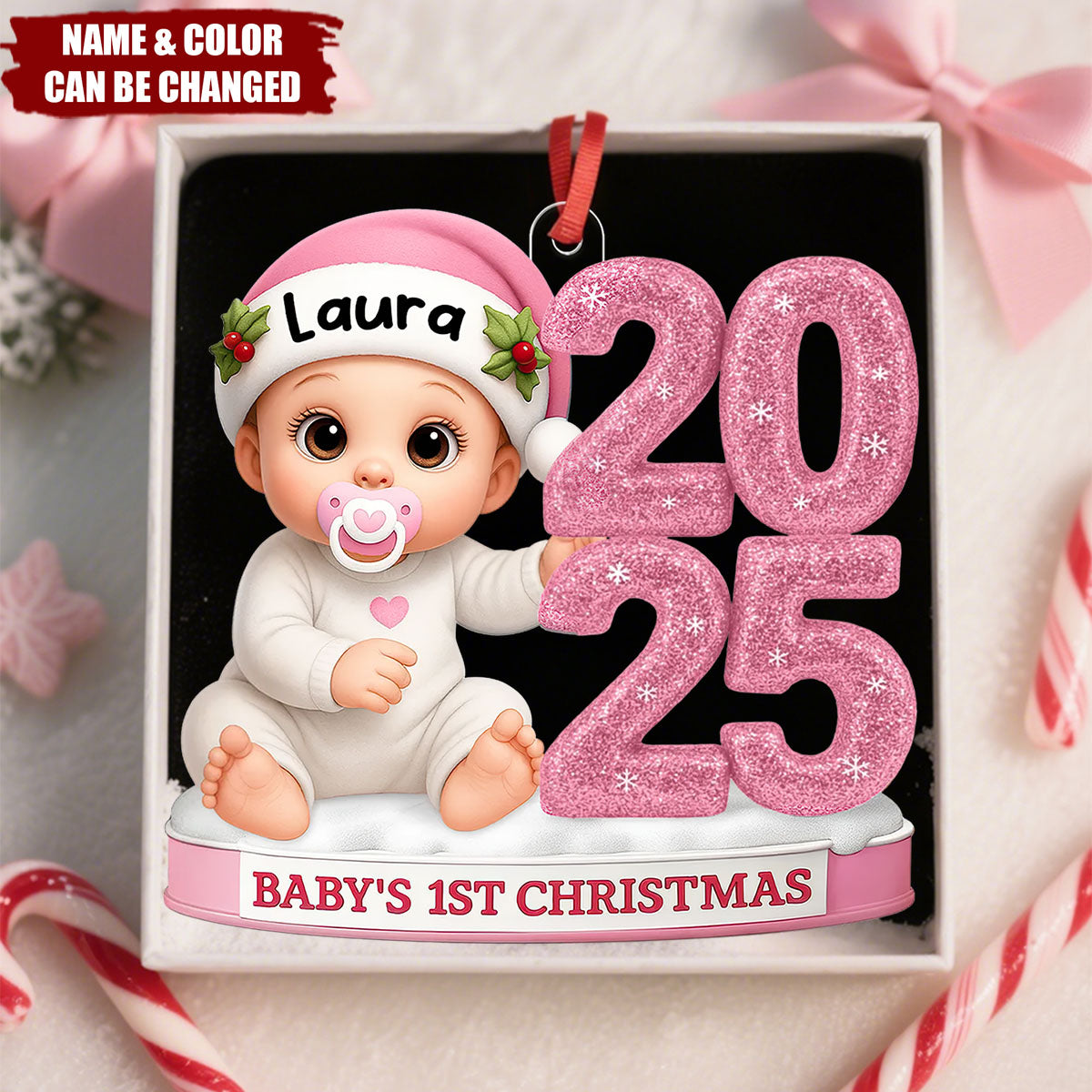 Baby’s First Christmas Ornament 2025 – Customizable Name & Color Design