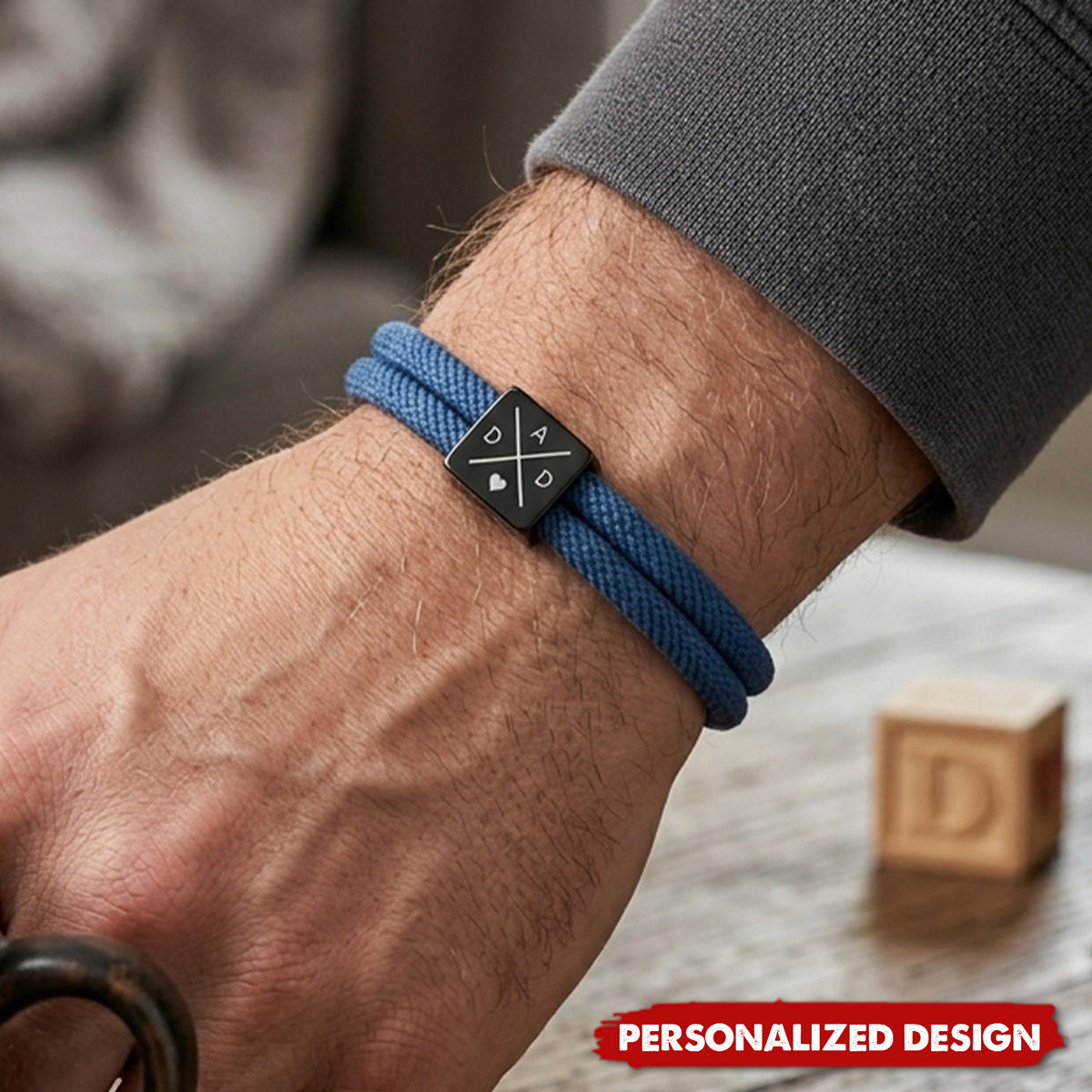 Personalized Double Wrap Braided  Rope Bracelet - Custom Black Cube Charm