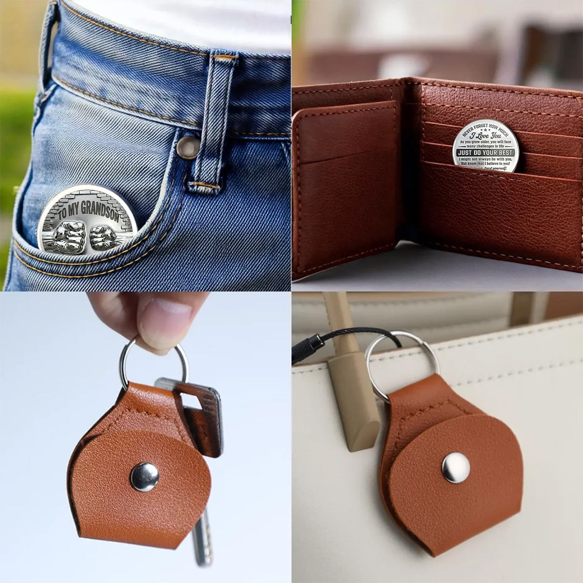 Personalized Stainless Steel Fist Bump Coin with Leather Keychain - Gift for Grandson, Son