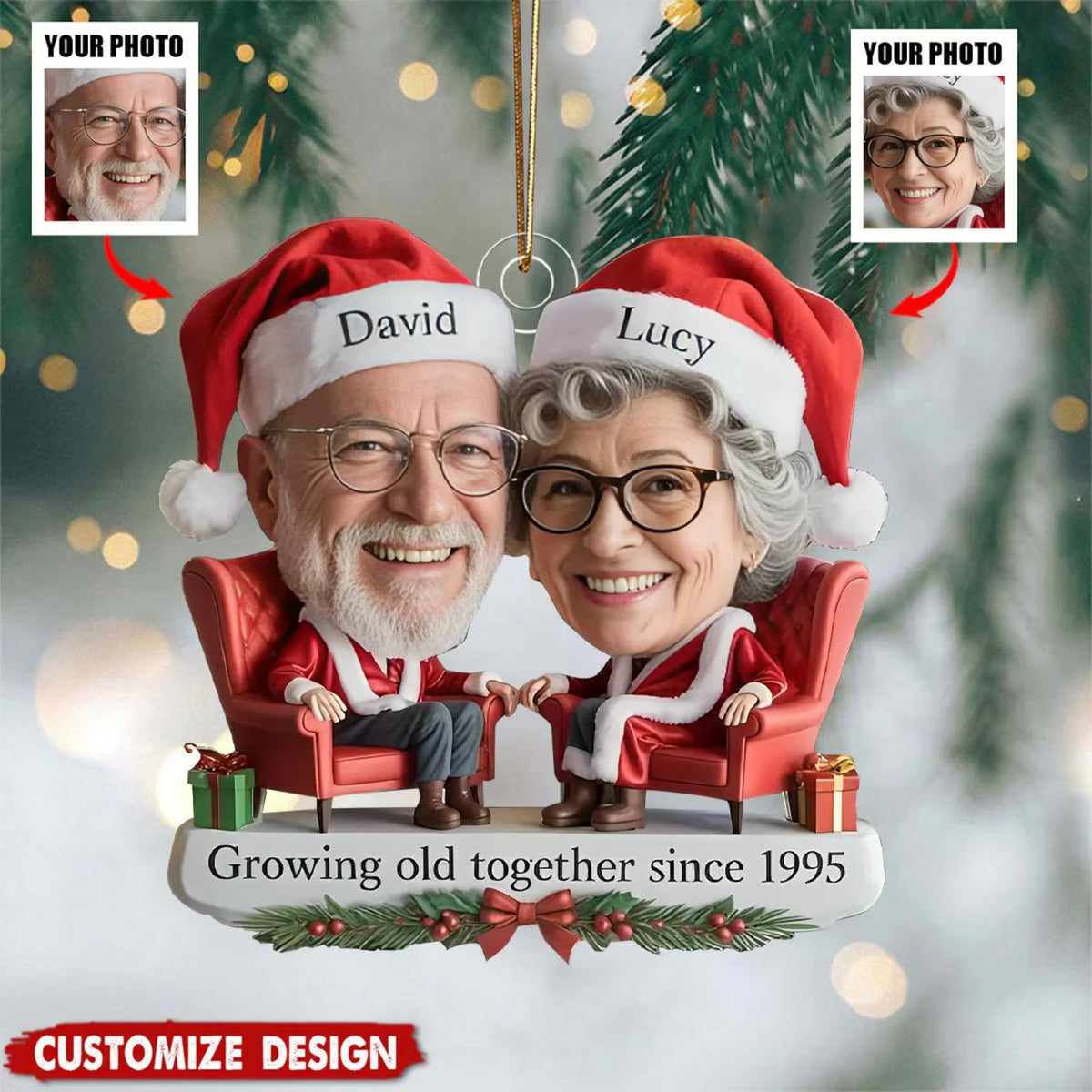 Personalized Couple Photo Christmas Ornament – Custom Face & Names Keepsake Gift