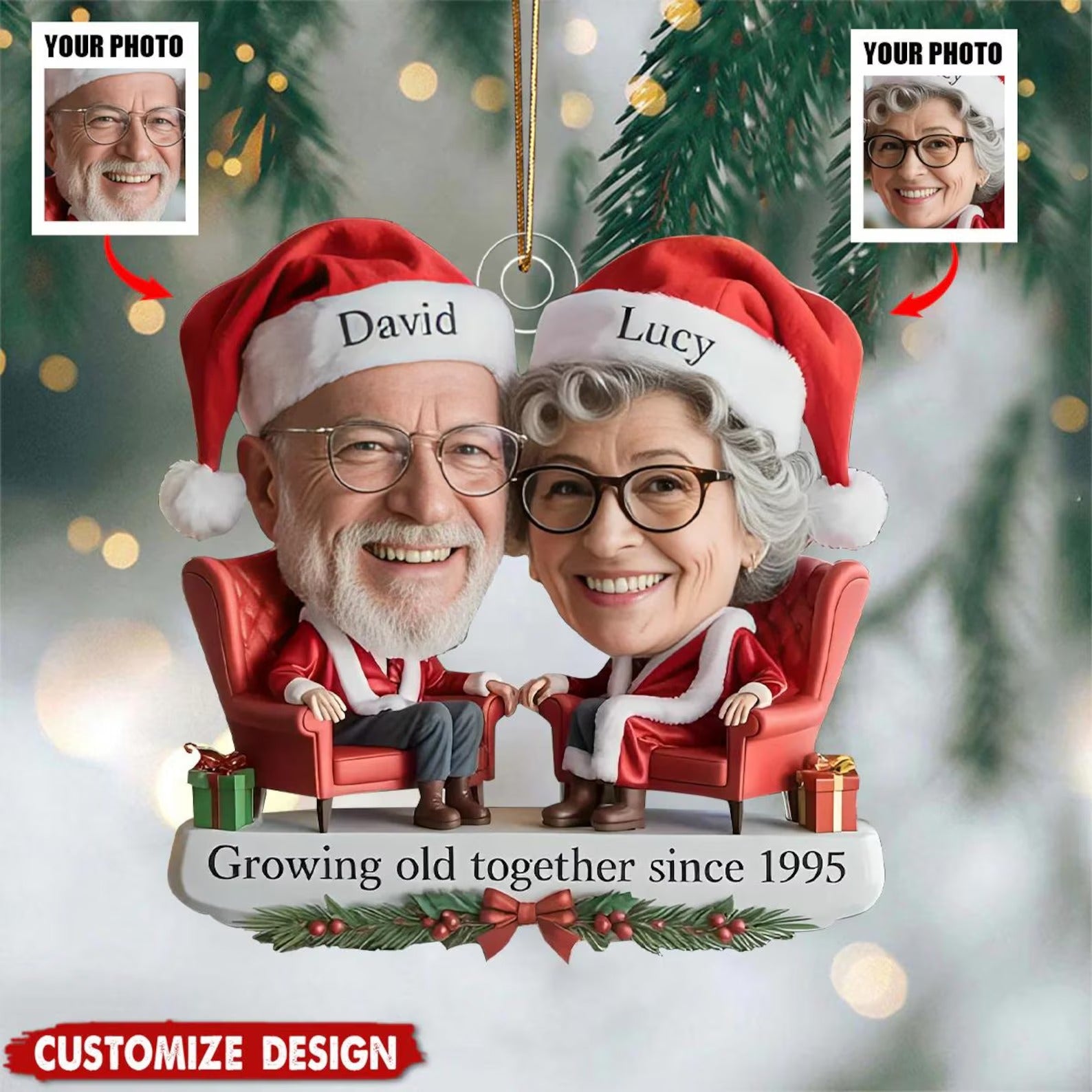 Personalized Couple Photo Christmas Ornament – Custom Face & Names Keepsake Gift