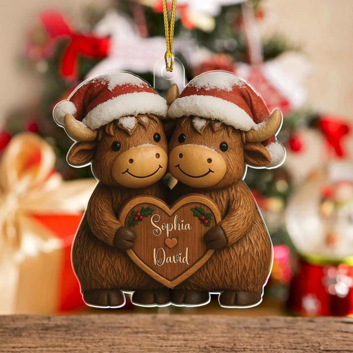 Personalized Highland Cow Couple Christmas Ornament – Custom Names & Cute Holiday Gift