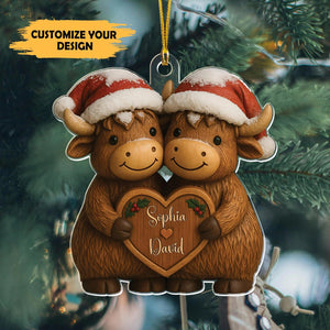 Personalized Highland Cow Couple Christmas Ornament – Custom Names & Cute Holiday Gift