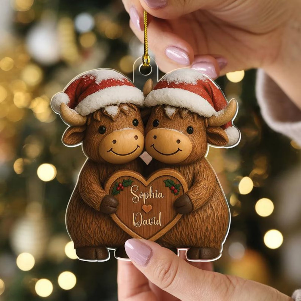 Personalized Highland Cow Couple Christmas Ornament – Custom Names & Cute Holiday Gift