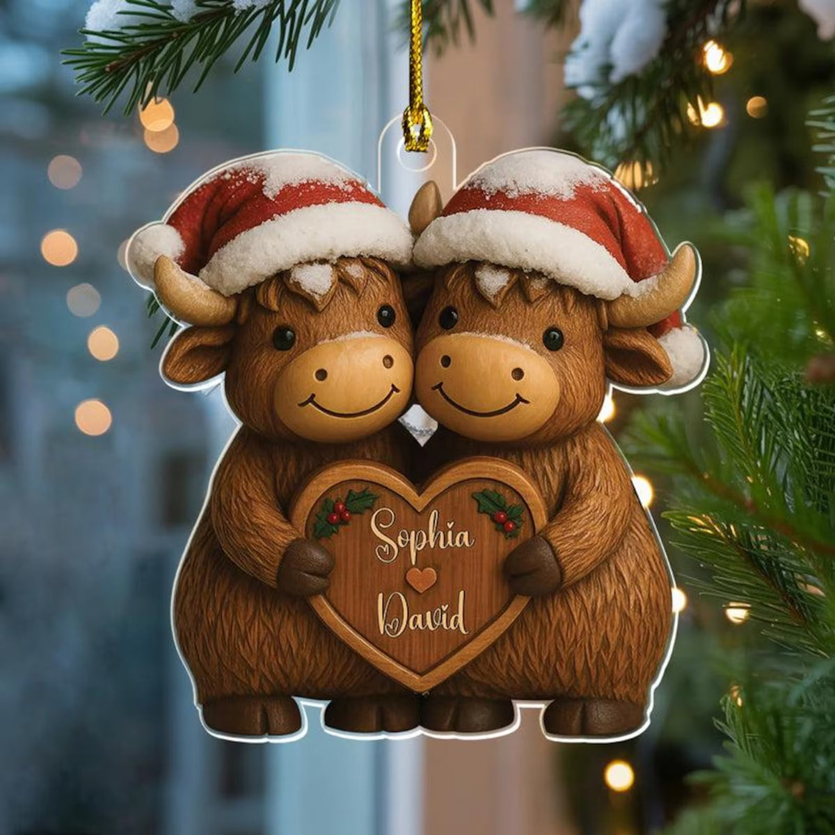 Personalized Highland Cow Couple Christmas Ornament – Custom Names & Cute Holiday Gift
